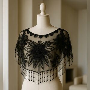 Vtg Black Floral Beaded Mesh Shawl (1920s Inspired)